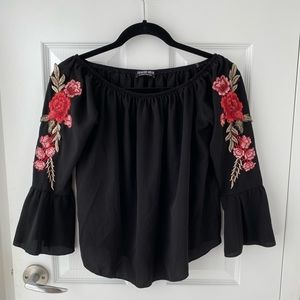 Fashion Nova Off the Shoulder Black Red Flower Embroidered Bell Sleeve Top S